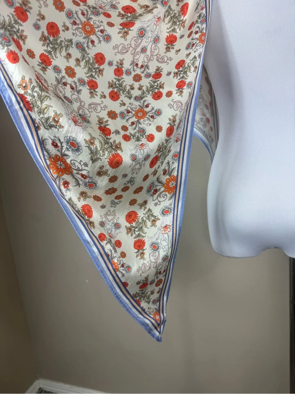 La Seine 100% Silk Triangle Floral Scarf in Blue white made in Italy
